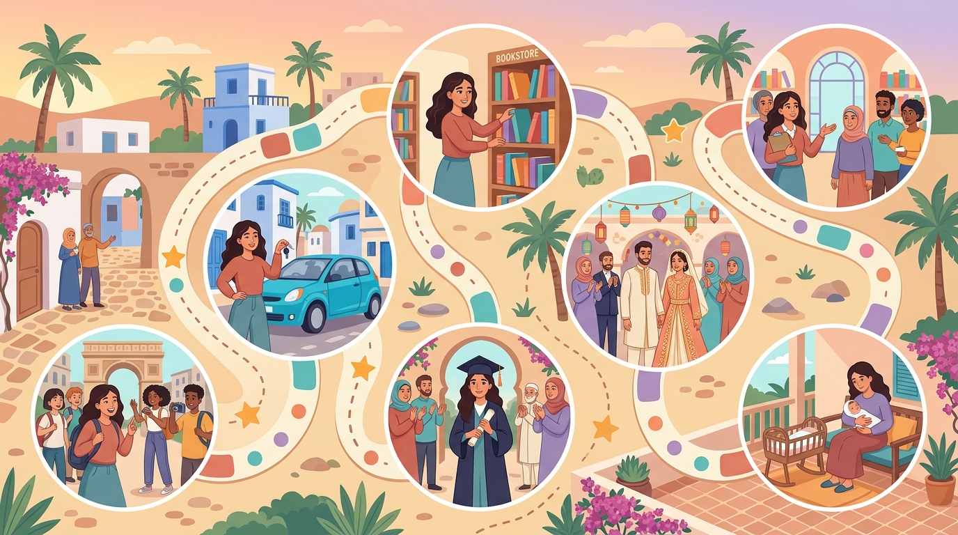 Un chemin comme un jeu de plateau avec les étapes de la vie de Maman : voyage scolaire, permis de conduire, diplôme, librairie, mariage, premier bébé, manager